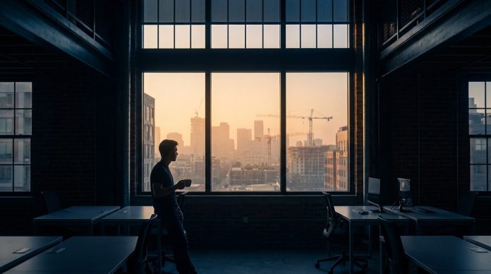 Startup-Timing: Gründer am Fenster bei Sonnenaufgang