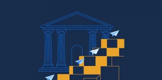 Nach der Zinssperre: Wie Startups die EZB-Unsicherheit überleben EZB Zinsen Startups: Notenbank-Fassade mit Zins-Treppe und Papierfliegern – Illustration