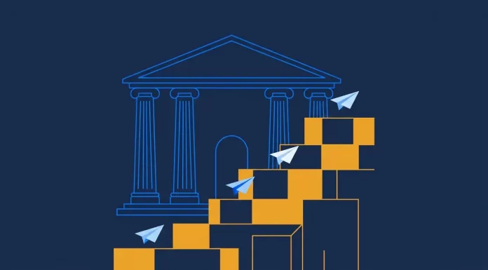 Nach der Zinssperre: Wie Startups die EZB-Unsicherheit überleben EZB Zinsen Startups: Notenbank-Fassade mit Zins-Treppe und Papierfliegern – Illustration
