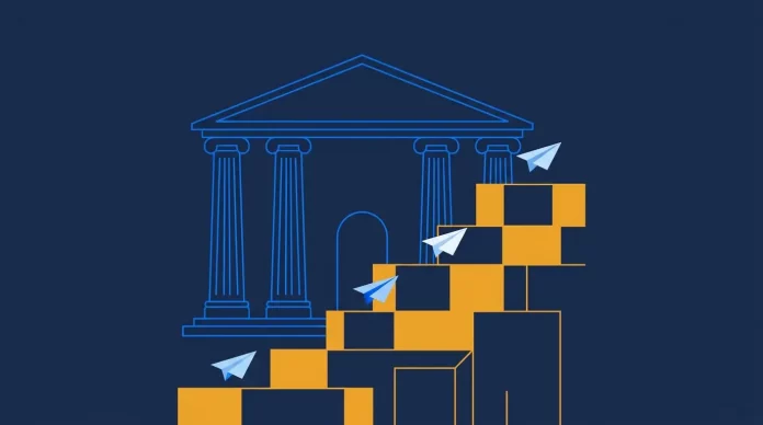 EZB-Zinsen und Startups – Cover EZB Zinsen Startups: Notenbank-Fassade mit Zins-Treppe und Papierfliegern – Illustration