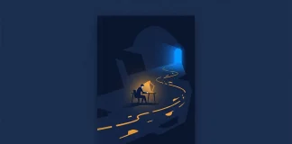 Das erste Jahr eines Startups: Was Gründer wirklich beschäftigt – und warum sie schweigen Startup erstes Jahr: einsamer Gründer am Schreibtisch in weitem dunklem Raum – Illustration