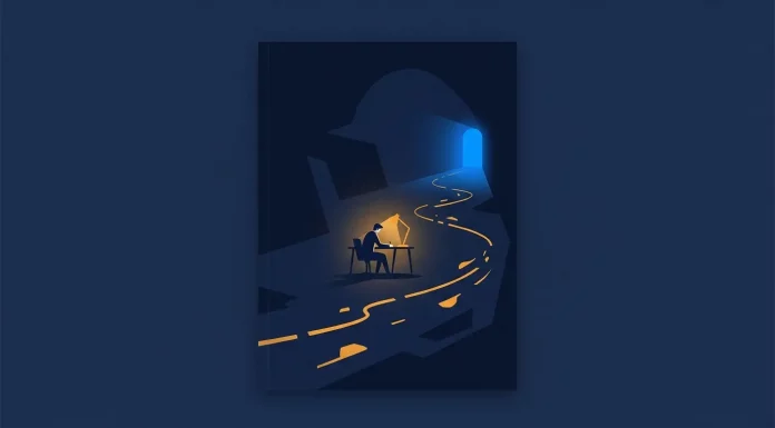 Das erste Jahr eines Startups: Was Gründer wirklich beschäftigt – und warum sie schweigen Startup erstes Jahr: einsamer Gründer am Schreibtisch in weitem dunklem Raum – Illustration