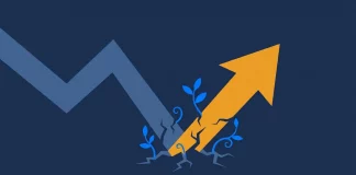 Rezession als Chance: Welche Branchen in Krisen wachsen – und warum Rezession als Chance: Abwärtskurve wird zu wachsendem Aufwärtspfeil mit Pflanzentrieben – Illustration