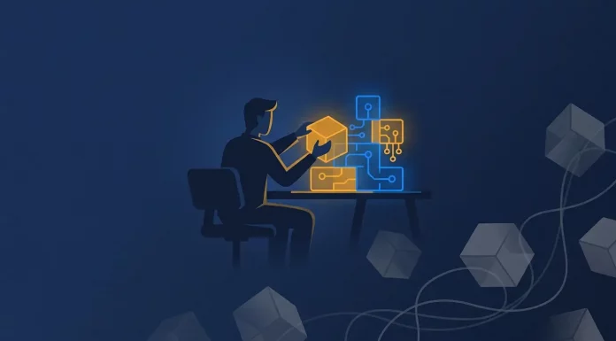 KI-Tools für Gründer 2026: Vier Werkzeuge reichen – der Rest ist Ablenkung KI-Tools für Gründer: Gründer baut leuchtende modulare Bausteine zusammen – Illustration