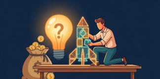 Idee schlägt Kapital? Warum Umsetzung der wahre Gamechanger ist Gründer baut eine Rakete aus Bausteinen zusammen, während Glühbirne und Geldsack ungenutzt bleiben – Illustration