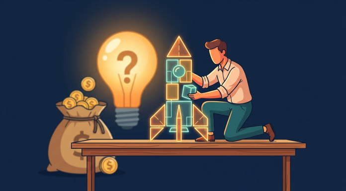 Idee schlägt Kapital? Warum Investoren Umsetzung finanzieren – nicht Ideen Gründer baut eine Rakete aus Bausteinen zusammen, während Glühbirne und Geldsack ungenutzt bleiben – Illustration