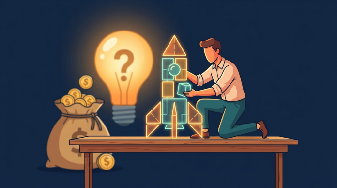 Idee schlägt Kapital – Umsetzung als Gamechanger Gründer baut eine Rakete aus Bausteinen zusammen, während Glühbirne und Geldsack ungenutzt bleiben – Illustration