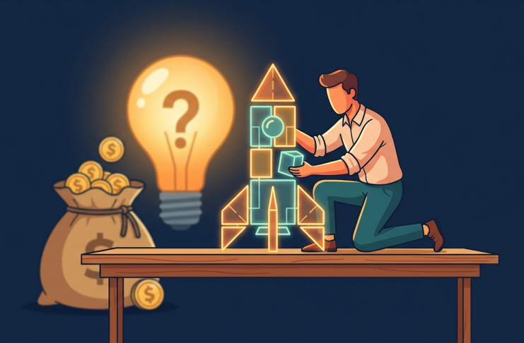 Idee schlägt Kapital? Warum Investoren Umsetzung finanzieren – nicht Ideen Gründer baut eine Rakete aus Bausteinen zusammen, während Glühbirne und Geldsack ungenutzt bleiben – Illustration