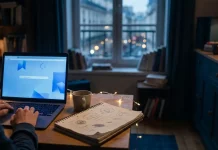 Rekord bei Gründungen, Flaute beim Kapital: Wie deine Generation trotzdem startet Startup gründen 2026: Schreibtisch eines jungen Gründers bei Nacht mit Laptop und Notizbuch