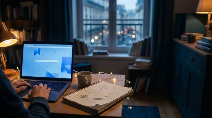 Gründungsrekord 2026 – Nebenerwerb Startup Startup gründen 2026: Schreibtisch eines jungen Gründers bei Nacht mit Laptop und Notizbuch