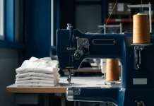 TRIGEMA: Ein deutsches Unternehmen zwischen Tradition, Haltung und Wandel Industrielle Nähmaschine mit Garnrolle in einer deutschen Textilfabrik, im Hintergrund gestapelte weiße Shirts – Sinnbild für Inlandsproduktion und Made in Germany