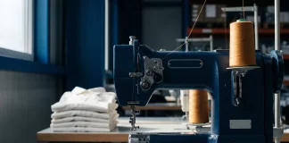 TRIGEMA: Ein deutsches Unternehmen zwischen Tradition, Haltung und Wandel Industrielle Nähmaschine mit Garnrolle in einer deutschen Textilfabrik, im Hintergrund gestapelte weiße Shirts – Sinnbild für Inlandsproduktion und Made in Germany