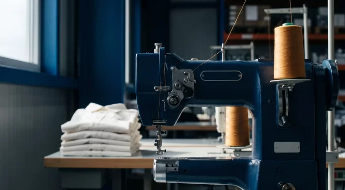 TRIGEMA: Ein deutsches Unternehmen zwischen Tradition, Haltung und Wandel Industrielle Nähmaschine mit Garnrolle in einer deutschen Textilfabrik, im Hintergrund gestapelte weiße Shirts – Sinnbild für Inlandsproduktion und Made in Germany