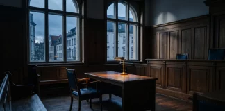 Thomas Middelhoff: Aufstieg, Einfluss und der tiefe Fall eines Top-Managers Leerer holzvertäfelter Gerichtssaal mit unbesetztem Stuhl und Messinglampe in der Dämmerung – Sinnbild für den juristischen Fall eines deutschen Top-Managers