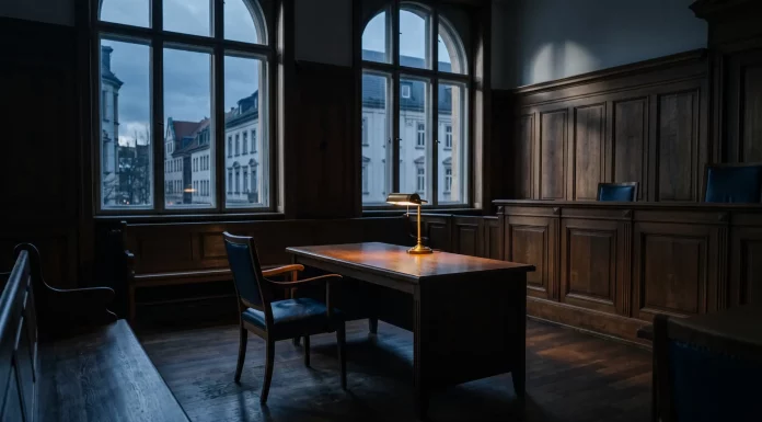 Thomas Middelhoff: Aufstieg, Einfluss und der tiefe Fall eines Top-Managers Leerer holzvertäfelter Gerichtssaal mit unbesetztem Stuhl und Messinglampe in der Dämmerung – Sinnbild für den juristischen Fall eines deutschen Top-Managers