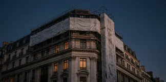 „Rene Benko“: Aufstieg und Fall eines Immobilienimperiums Historisches Warenhausgebäude in bester Innenstadtlage bei Dämmerung, teilweise in Baugerüst und Schutzplane gehüllt – Sinnbild für ein ins Wanken geratenes Immobilienimperium
