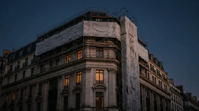 René Benko – Immobilienimperium im Baugerüst Historisches Warenhausgebäude in bester Innenstadtlage bei Dämmerung, teilweise in Baugerüst und Schutzplane gehüllt – Sinnbild für ein ins Wanken geratenes Immobilienimperium