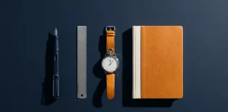 Warum Disziplin wichtiger ist als Motivation im Unternehmertum Füllfederhalter, Lineal, Stoppuhr und Notizbuch exakt ausgerichtet auf einem dunkelblauen Schreibtisch – Sinnbild für Systeme, Routine und Disziplin im Unternehmertum