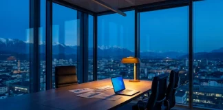 Wirtschaft in Österreich und der Schweiz: Warum der DACH-Raum kein Markt ist, sondern drei Wirtschaft Österreich Schweiz: Besprechungsraum über einer Alpenstadt mit Finanzcharts