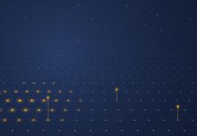 26 Mitarbeiter, 55 Millionen Dollar: Die größte Seed-Runde der deutschen Startup-Geschichte Abstrakte Darstellung einer Fabrikhalle als Raster aus Datenpunkten in Dunkelblau, einzelne Knoten und Roboterachsen leuchten bernsteinfarben auf.