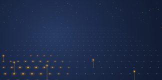 26 Mitarbeiter, 55 Millionen Dollar: Die größte Seed-Runde der deutschen Startup-Geschichte Abstrakte Darstellung einer Fabrikhalle als Raster aus Datenpunkten in Dunkelblau, einzelne Knoten und Roboterachsen leuchten bernsteinfarben auf.