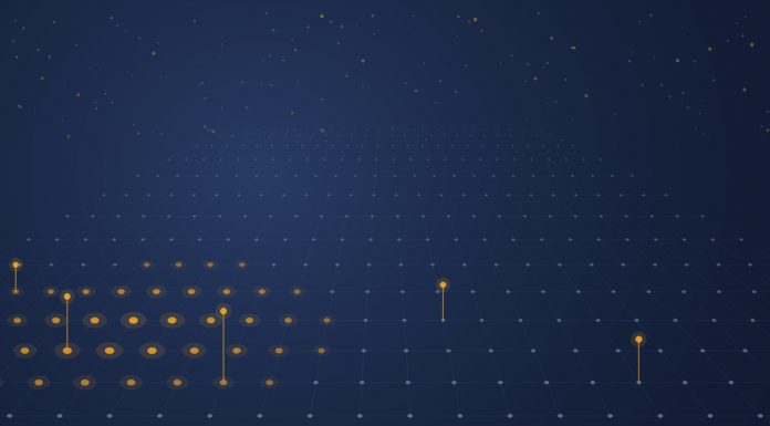 26 Mitarbeiter, 55 Millionen Dollar: Die größte Seed-Runde der deutschen Startup-Geschichte Abstrakte Darstellung einer Fabrikhalle als Raster aus Datenpunkten in Dunkelblau, einzelne Knoten und Roboterachsen leuchten bernsteinfarben auf.