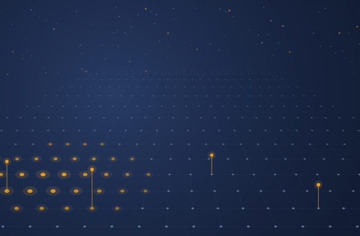 26 Mitarbeiter, 55 Millionen Dollar: Die größte Seed-Runde der deutschen Startup-Geschichte Abstrakte Darstellung einer Fabrikhalle als Raster aus Datenpunkten in Dunkelblau, einzelne Knoten und Roboterachsen leuchten bernsteinfarben auf.