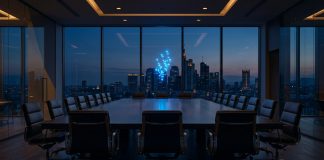 Was Disruption wirklich bedeutet – und warum die meisten Angreifer keine sind Disruption im Sitzungssaal: Blick aus einem dunklen Konferenzraum auf aufsteigende blaue Lichter am Horizont