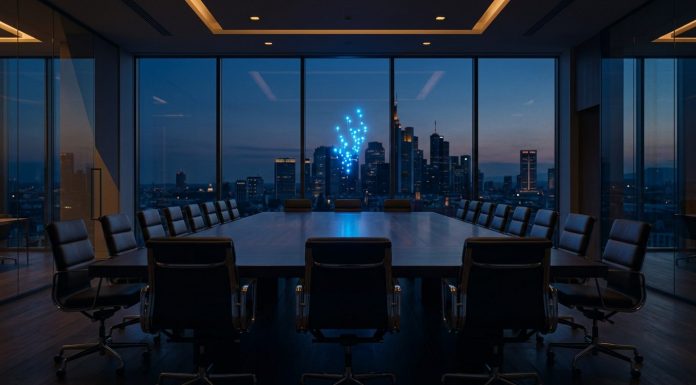 Was Disruption wirklich bedeutet – und warum die meisten Angreifer keine sind Disruption im Sitzungssaal: Blick aus einem dunklen Konferenzraum auf aufsteigende blaue Lichter am Horizont