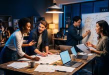 Geschäftsidee validieren in 48 Stunden: Was der Test beweist – und was nicht Team arbeitet nachts gemeinsam an einer Geschäftsidee, Skizzen und Laptops auf dem Tisch, Validierung einer Startup-Idee