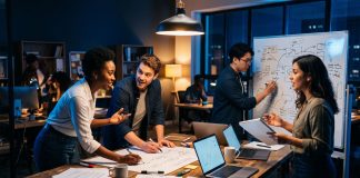 Geschäftsidee validieren in 48 Stunden: Was der Test beweist – und was nicht Team arbeitet nachts gemeinsam an einer Geschäftsidee, Skizzen und Laptops auf dem Tisch, Validierung einer Startup-Idee