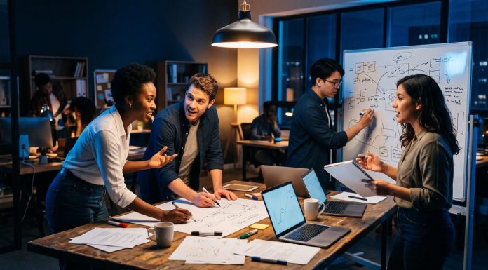 Geschäftsidee validieren in 48 Stunden: Was der Test beweist – und was nicht Team arbeitet nachts gemeinsam an einer Geschäftsidee, Skizzen und Laptops auf dem Tisch, Validierung einer Startup-Idee