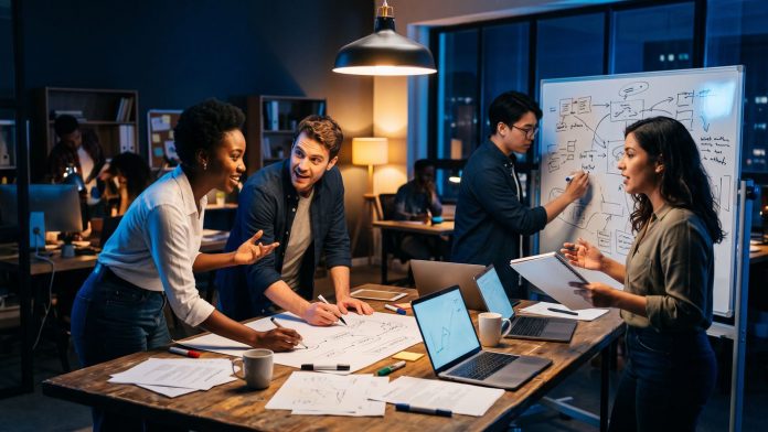 Geschäftsidee validieren in 48 Stunden Team arbeitet nachts gemeinsam an einer Geschäftsidee, Skizzen und Laptops auf dem Tisch, Validierung einer Startup-Idee