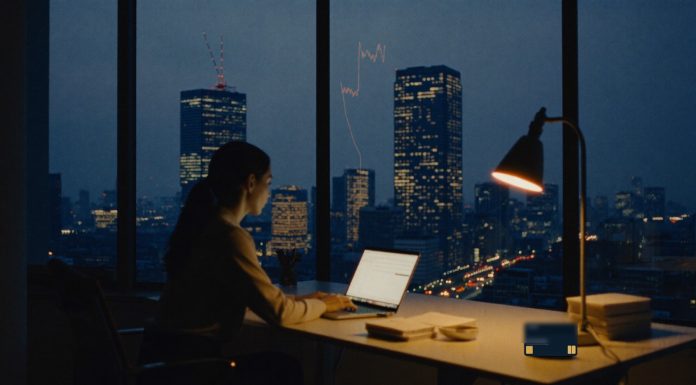 30 Millionen für eine Milliarde: Was die Moss-Runde über 2026 verrät Junge Finanzverantwortliche arbeitet abends am Laptop in einem Berliner Büro, daneben eine dunkelblaue Firmenkreditkarte und Belegstapel, im Fenster die Skyline zur blauen Stunde mit leuchtender Datenlinie
