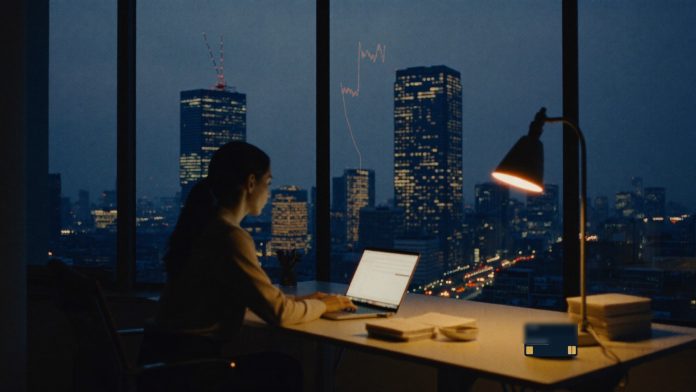 Finanzabteilung in Berlin zur blauen Stunde – Moss erreicht Milliardenbewertung Junge Finanzverantwortliche arbeitet abends am Laptop in einem Berliner Büro, daneben eine dunkelblaue Firmenkreditkarte und Belegstapel, im Fenster die Skyline zur blauen Stunde mit leuchtender Datenlinie