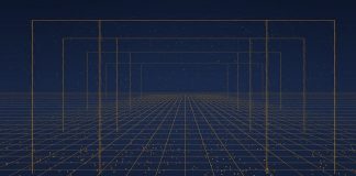 13 Jahre bis zur Series D: Warum NavVis 85 Millionen Dollar für vermessene Fabrikhallen bekommt Abstrakte Darstellung einer Fabrikhalle, deren Stahlkonstruktion und Boden von einem bernsteinfarbenen Scanraster erfasst werden