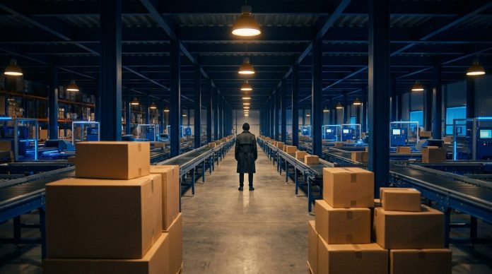 Zalando Gründungsgeschichte – Logistikzentrum als Symbolbild Zalando Gründungsgeschichte: Logistikhalle mit Förderbändern und Versandkartons als Sinnbild für das Volumengeschäft hinter dem Online-Modehändler