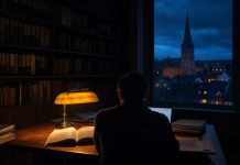 150 Mitarbeiter in acht Monaten: Warum Limetax Steuerkanzleien kauft statt Software zu verkaufen Abendliche Steuerkanzlei mit Regalen voller Aktenordner, warm leuchtender Schreibtischlampe und Blick auf eine deutsche Kleinstadt in der blauen Stunde