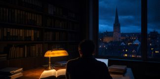 150 Mitarbeiter in acht Monaten: Warum Limetax Steuerkanzleien kauft statt Software zu verkaufen Abendliche Steuerkanzlei mit Regalen voller Aktenordner, warm leuchtender Schreibtischlampe und Blick auf eine deutsche Kleinstadt in der blauen Stunde