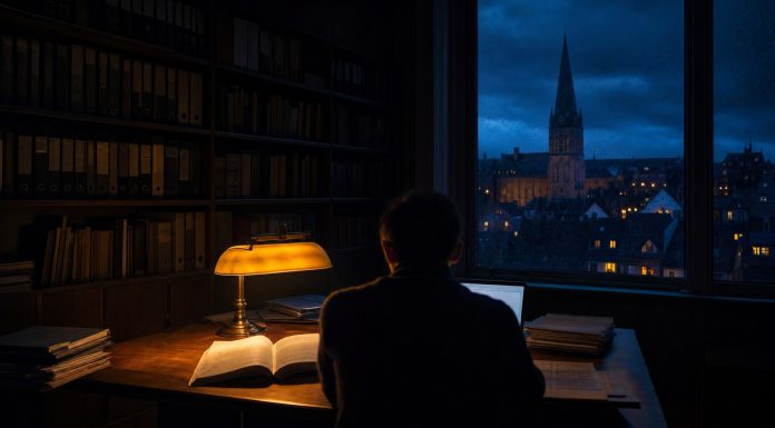 150 Mitarbeiter in acht Monaten: Warum Limetax Steuerkanzleien kauft statt Software zu verkaufen Abendliche Steuerkanzlei mit Regalen voller Aktenordner, warm leuchtender Schreibtischlampe und Blick auf eine deutsche Kleinstadt in der blauen Stunde