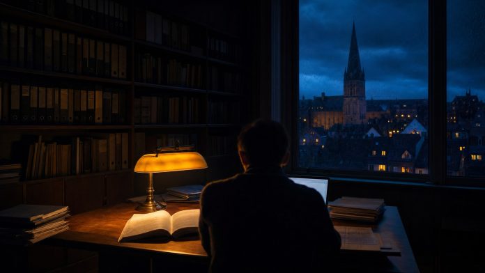 Steuerkanzlei zur blauen Stunde: Aktenordner, Schreibtischlampe und Laptop Abendliche Steuerkanzlei mit Regalen voller Aktenordner, warm leuchtender Schreibtischlampe und Blick auf eine deutsche Kleinstadt in der blauen Stunde