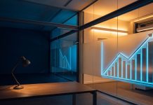 Profitables Wachstum: Warum Quandoo pleiteging und Personio jetzt Gewinne schreibt Editorielle Illustration einer leeren Bürofläche neben einem wachsenden Finanzbalken, navy/amber/electric-blue