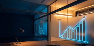 Profitables Wachstum: Warum Quandoo pleiteging und Personio jetzt Gewinne schreibt Editorielle Illustration einer leeren Bürofläche neben einem wachsenden Finanzbalken, navy/amber/electric-blue