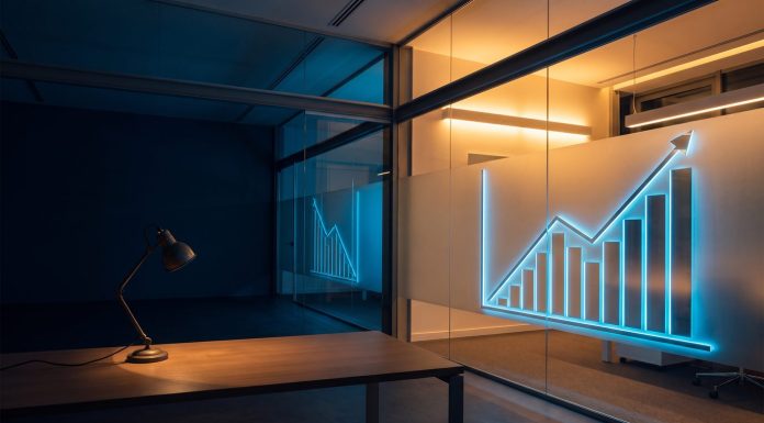 Profitables Wachstum: Warum Quandoo pleiteging und Personio jetzt Gewinne schreibt Editorielle Illustration einer leeren Bürofläche neben einem wachsenden Finanzbalken, navy/amber/electric-blue