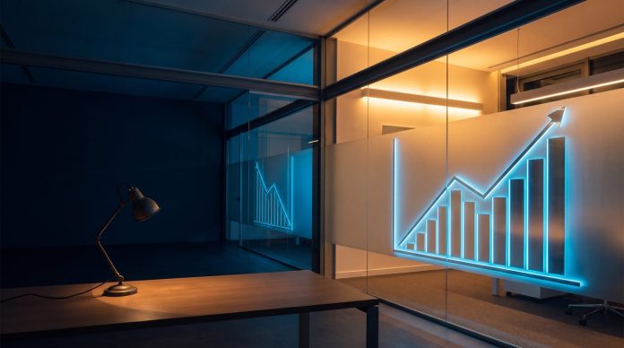 Profitables Wachstum: Warum Quandoo pleiteging und Personio jetzt Gewinne schreibt Editorielle Illustration einer leeren Bürofläche neben einem wachsenden Finanzbalken, navy/amber/electric-blue