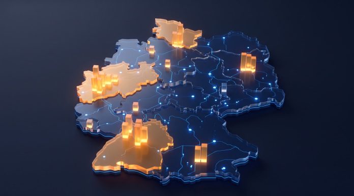 Kaufkraft: Warum die 31.193-Euro-Schlagzeile Gründer täuscht Stilisierte 3D-Karte Deutschlands mit Regionen unterschiedlicher Kaufkraft in Amber und Navy, symbolisch für Kaufkraft-Verteilung 2026