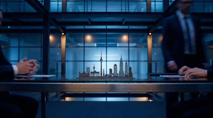 Deutsche Unicorn-Gründer wenden sich von den USA ab – was das wirklich über den Standort aussagt Editorielle Symbolgrafik zu deutschen Unicorn-Gründern zwischen München und den USA, dunkelblau, bernsteinfarben und elektrisch-blau