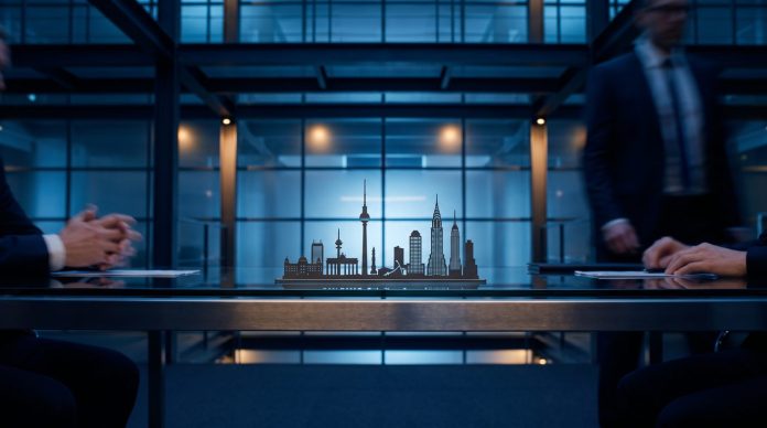Deutsche Unicorn-Gründer wenden sich von den USA ab Editorielle Symbolgrafik zu deutschen Unicorn-Gründern zwischen München und den USA, dunkelblau, bernsteinfarben und elektrisch-blau