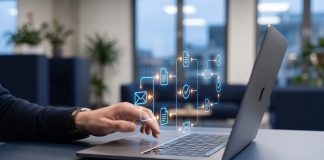 Automatisierung im Alltag: Was der 2,5-Milliarden-Dollar-Aufstieg von n8n über Delegation lehrt Editorielle Illustration eines Automatisierungs-Workflows im Startup-Büro, navy/amber/electric-blue
