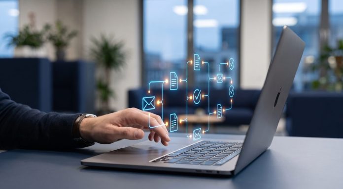 Automatisierung im Alltag: Was der 2,5-Milliarden-Dollar-Aufstieg von n8n über Delegation lehrt Editorielle Illustration eines Automatisierungs-Workflows im Startup-Büro, navy/amber/electric-blue